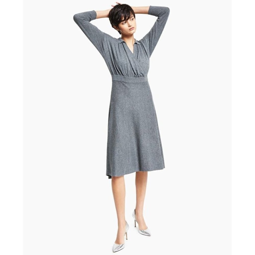 Alfani Womens Petite Medium Collared Sweater Dress Long Sleeve V‎ Neck Gray $99
